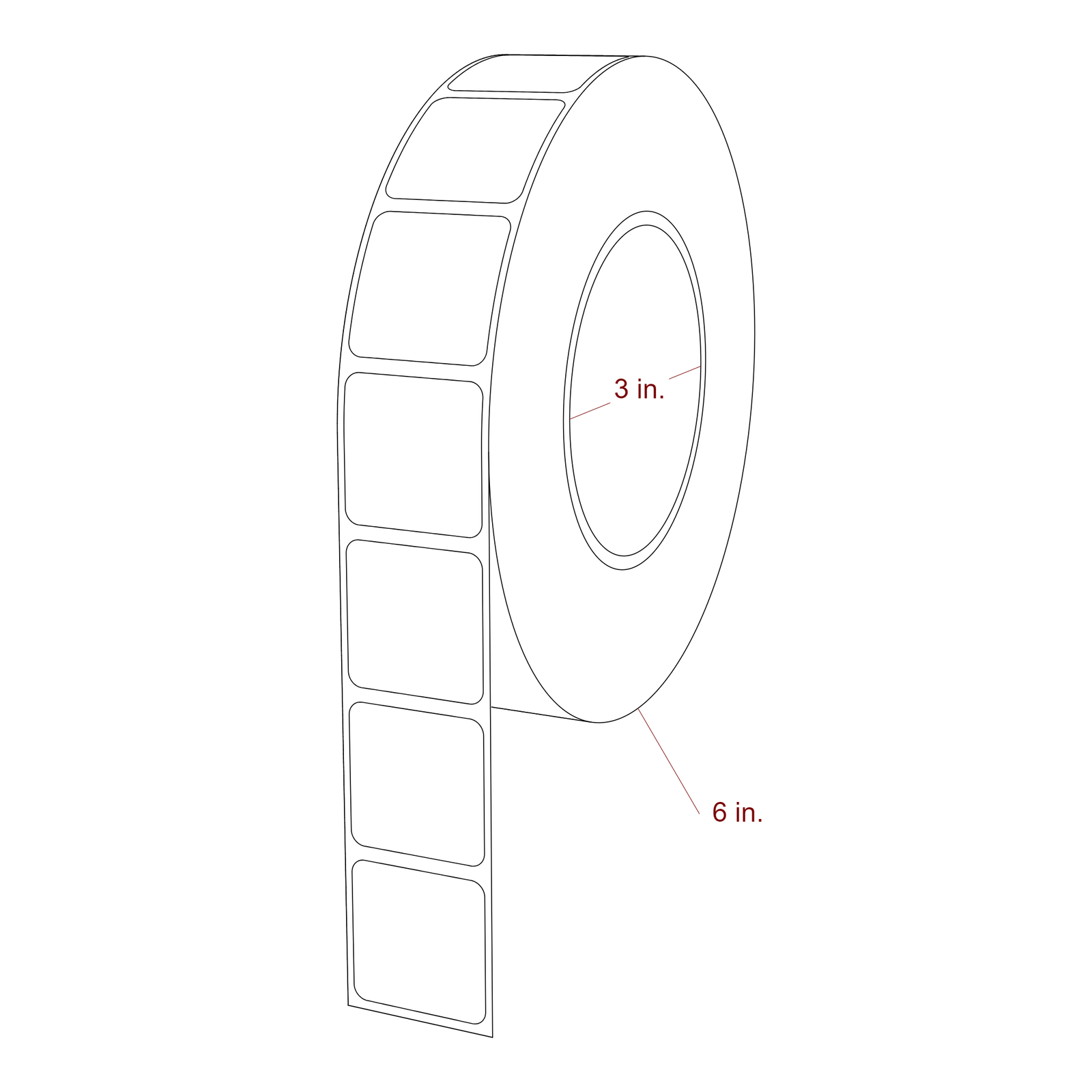 1.25 Inch x 1.25 Inch Rectangle Inkjet Label Roll - 3 Inch Core - 6 Inch Roll OD - 3D Perspective