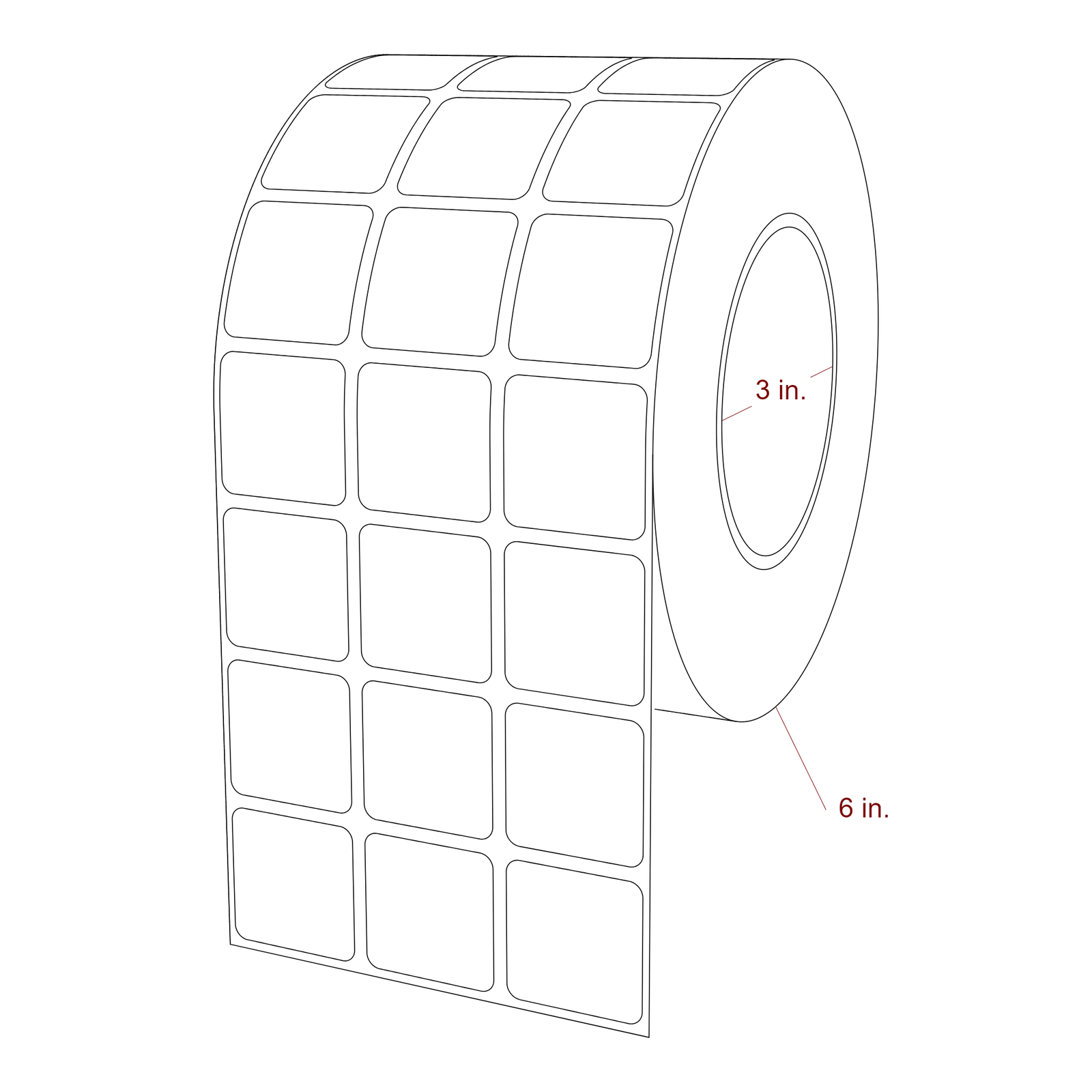 1.25 Inch x 1.25 Inch Rectangle Inkjet Label Roll - 3 Inch Core - 6 Inch Roll OD - 3Up - 3D Perspective
