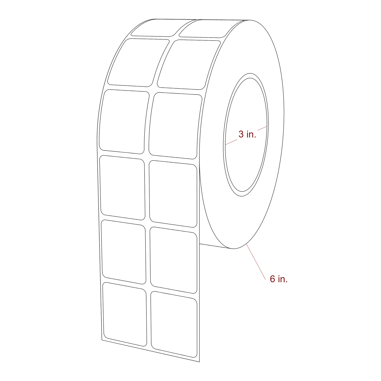1.25 Inch x 1.5 Inch Rectangle Inkjet Label Roll - 3 Inch Core - 6 Inch Roll OD - 2Up - 3D Perspective