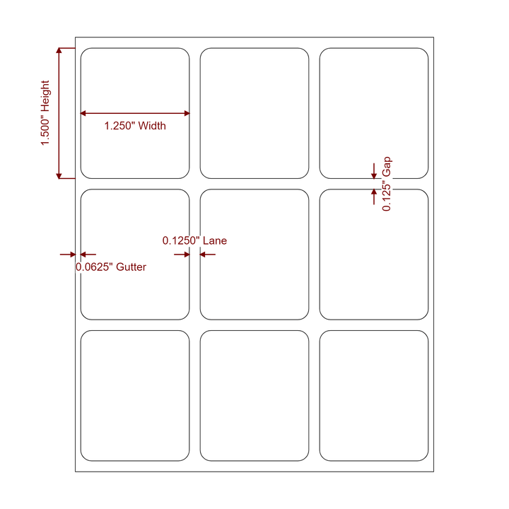 1.25 Inch x 1.5 Inch Rectangle Inkjet Label Roll - 3Up - 2D Drawing