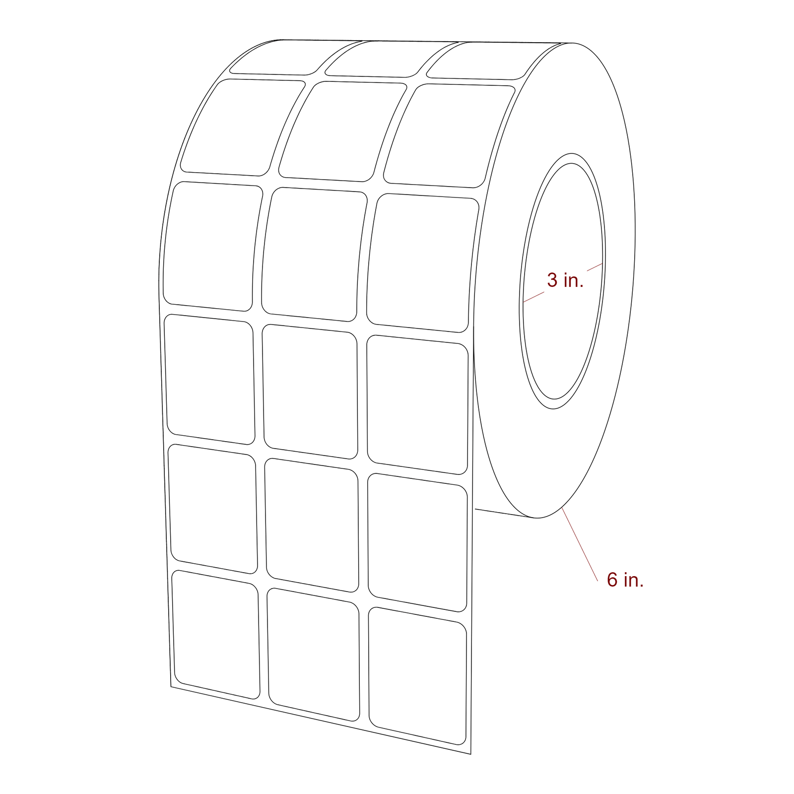 1.25 Inch x 1.5 Inch Rectangle Inkjet Label Roll - 3 Inch Core - 6 Inch Roll OD - 3Up - 3D Perspective