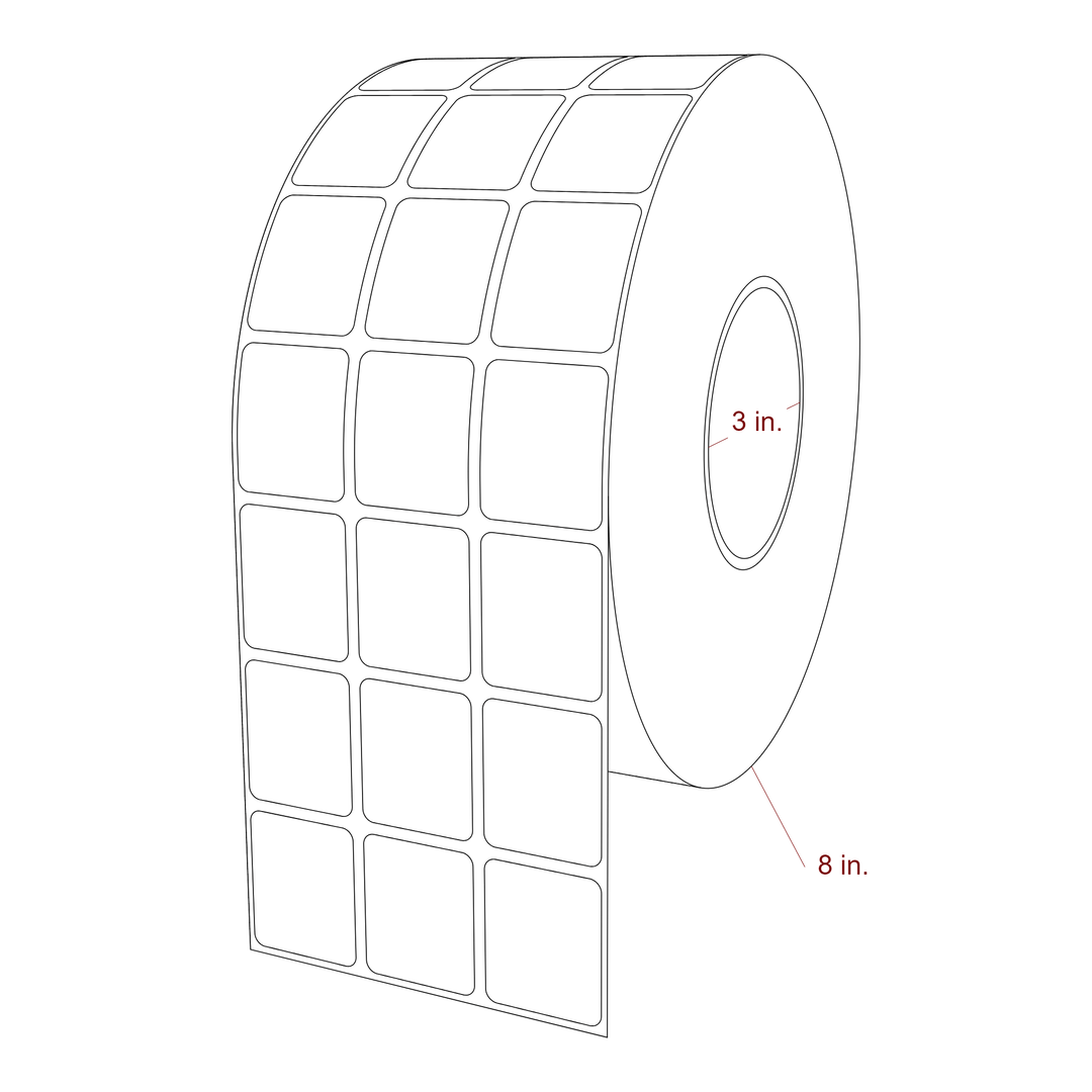 1.25 Inch x 1.5 Inch Rectangle Inkjet Label Roll - 3 Inch Core - 8 Inch Roll OD - 3Up - 3D Perspective