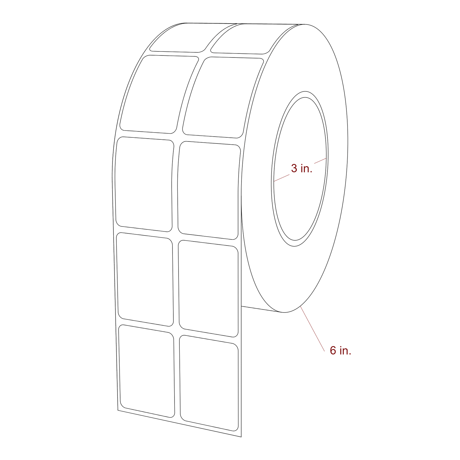 1.25 Inch x 1.75 Inch Rectangle Inkjet Label Roll - 3 Inch Core - 6 Inch Roll OD - 2Up - 3D Perspective