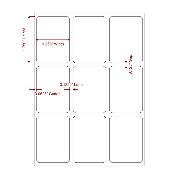 1.25 Inch x 1.75 Inch Rectangle Inkjet Label Roll - 3Up - 2D Drawing