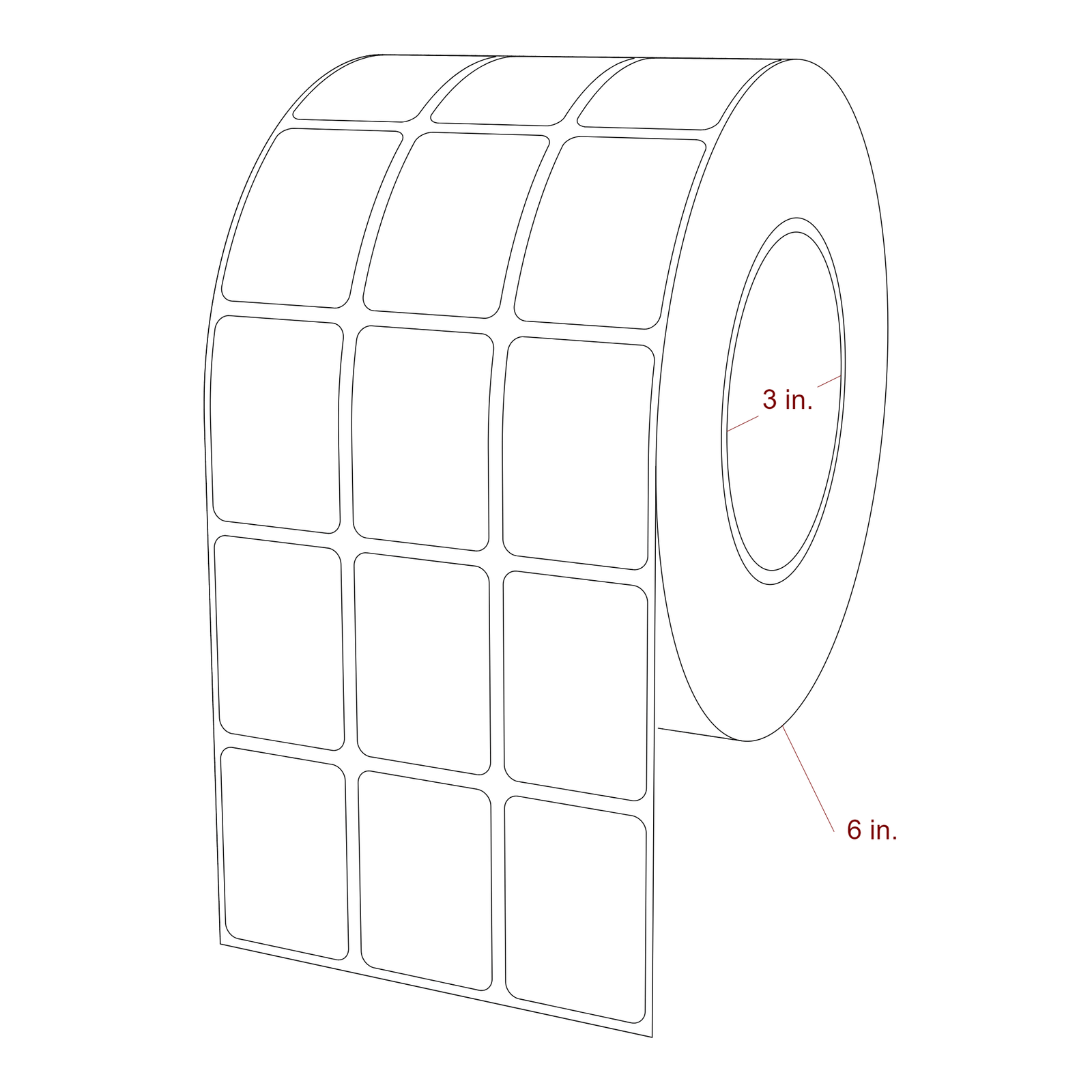 1.25 Inch x 1.75 Inch Rectangle Inkjet Label Roll - 3 Inch Core - 6 Inch Roll OD - 3Up - 3D Perspective