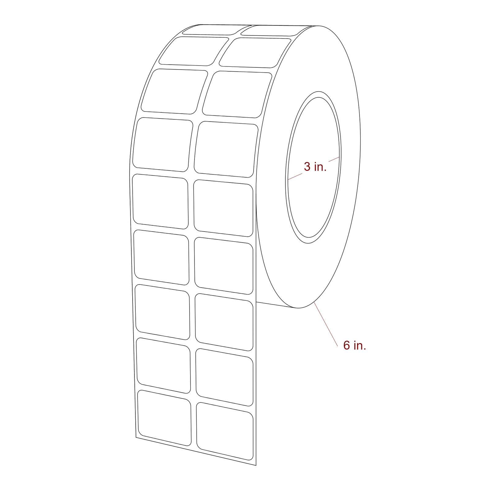 1.25 Inch x 1 Inch Rectangle Inkjet Label Roll - 3 Inch Core - 6 Inch Roll OD - 2Up - 3D Perspective