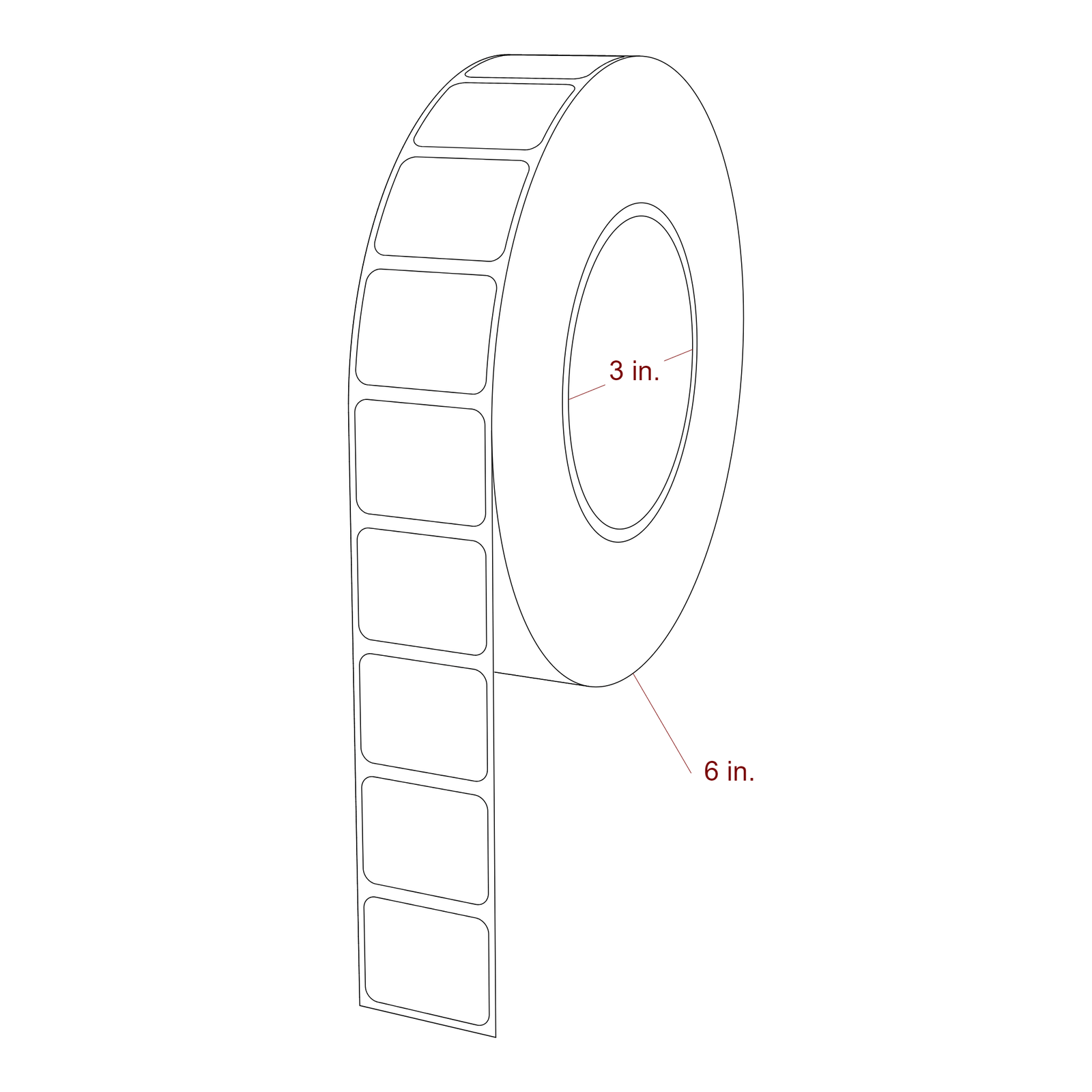 1.25 Inch x 1 Inch Rectangle Inkjet Label Roll - 3 Inch Core - 6 Inch Roll OD - 3D Perspective