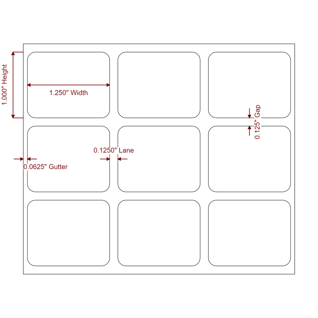 1.25 Inch x 1 Inch Rectangle Inkjet Label Roll - 3Up - 2D Drawing