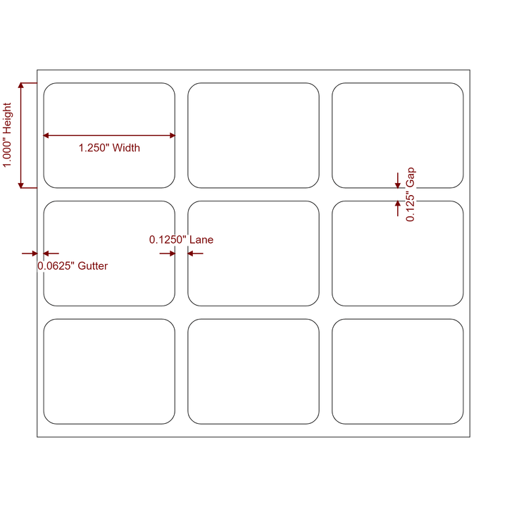 1.25 Inch x 1 Inch Rectangle Inkjet Label Roll - 3Up - 2D Drawing