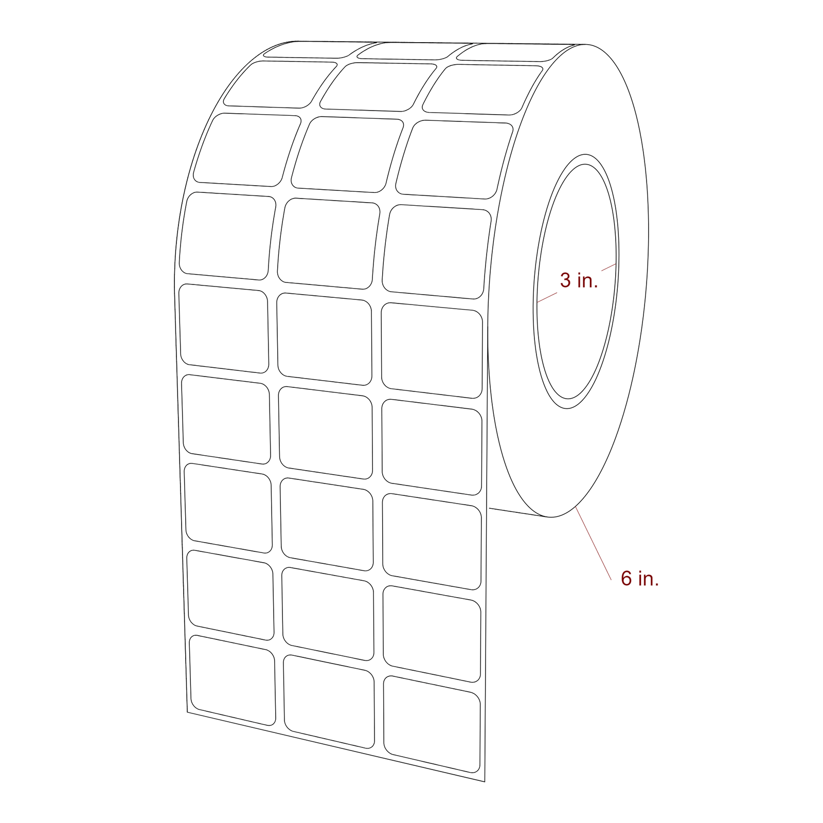 1.25 Inch x 1 Inch Rectangle Inkjet Label Roll - 3 Inch Core - 6 Inch Roll OD - 3Up - 3D Perspective