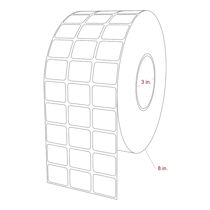 1.25 Inch x 1 Inch Rectangle Inkjet Label Roll - 3 Inch Core - 8 Inch Roll OD - 3Up - 3D Perspective