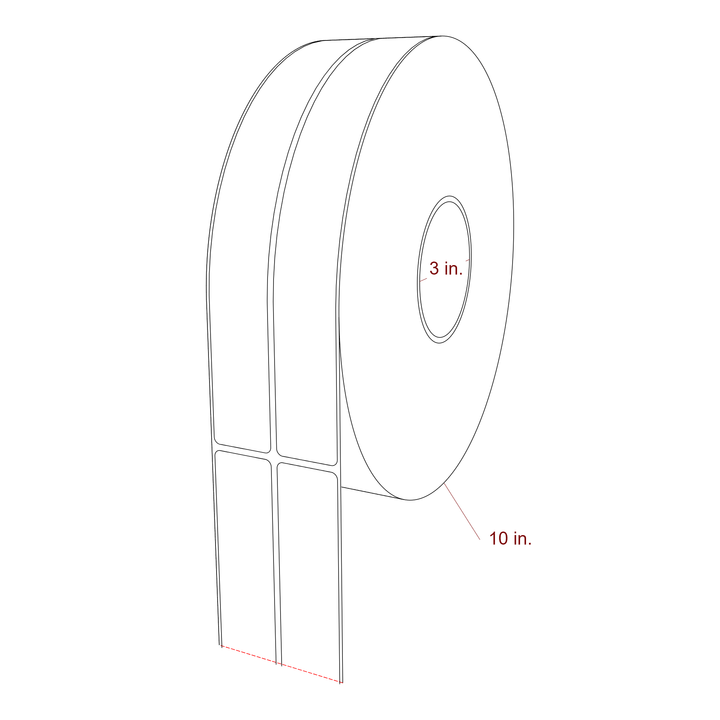 1.25 Inch x 10 Inch Rectangle Inkjet Label Roll - 3 Inch Core - 10 Inch Roll OD - 2Up - 3D Perspective