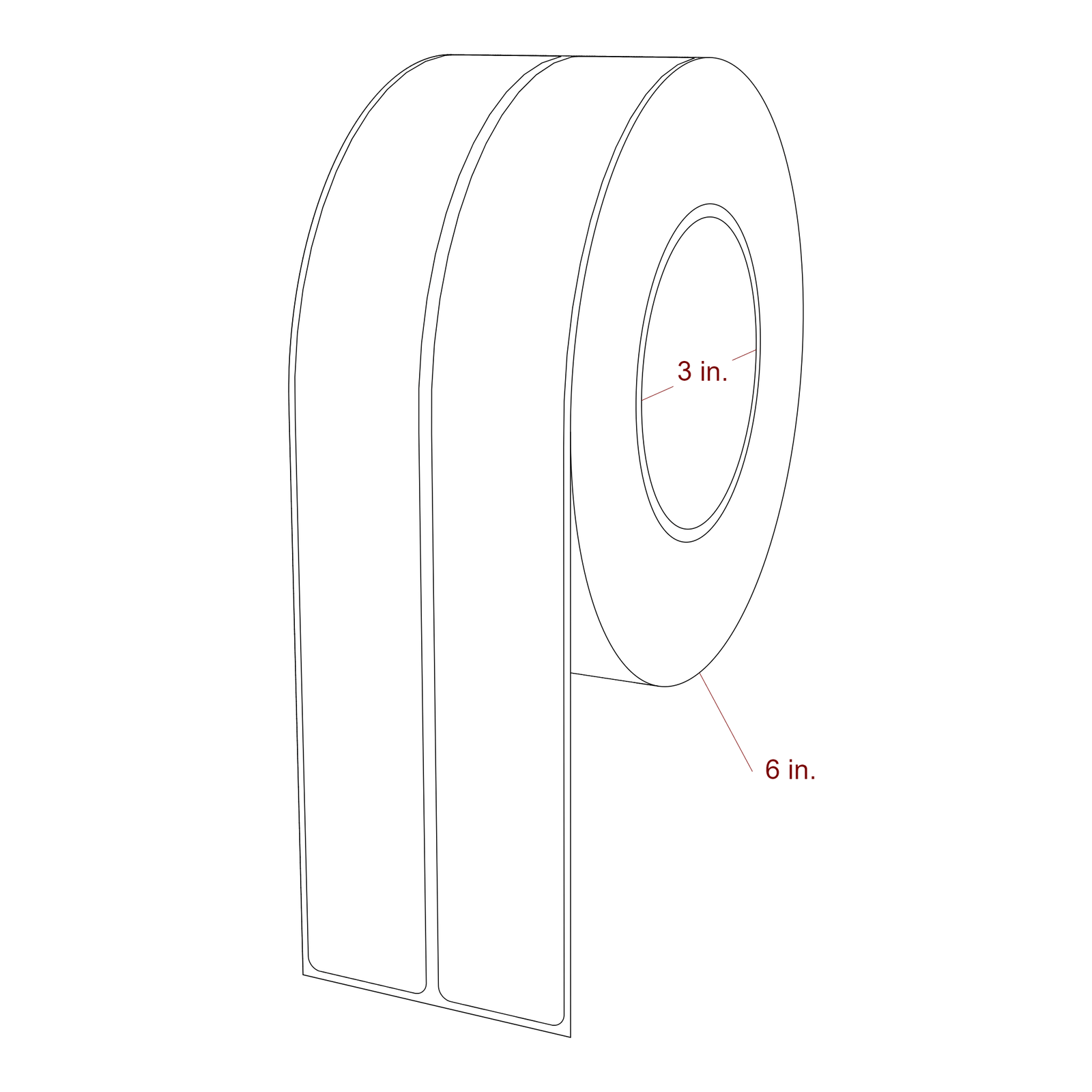 1.25 Inch x 10 Inch Rectangle Inkjet Label Roll - 3 Inch Core - 6 Inch Roll OD - 2Up - 3D Perspective