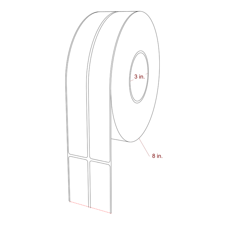 1.25 Inch x 10 Inch Rectangle Inkjet Label Roll - 3 Inch Core - 8 Inch Roll OD - 2Up - 3D Perspective