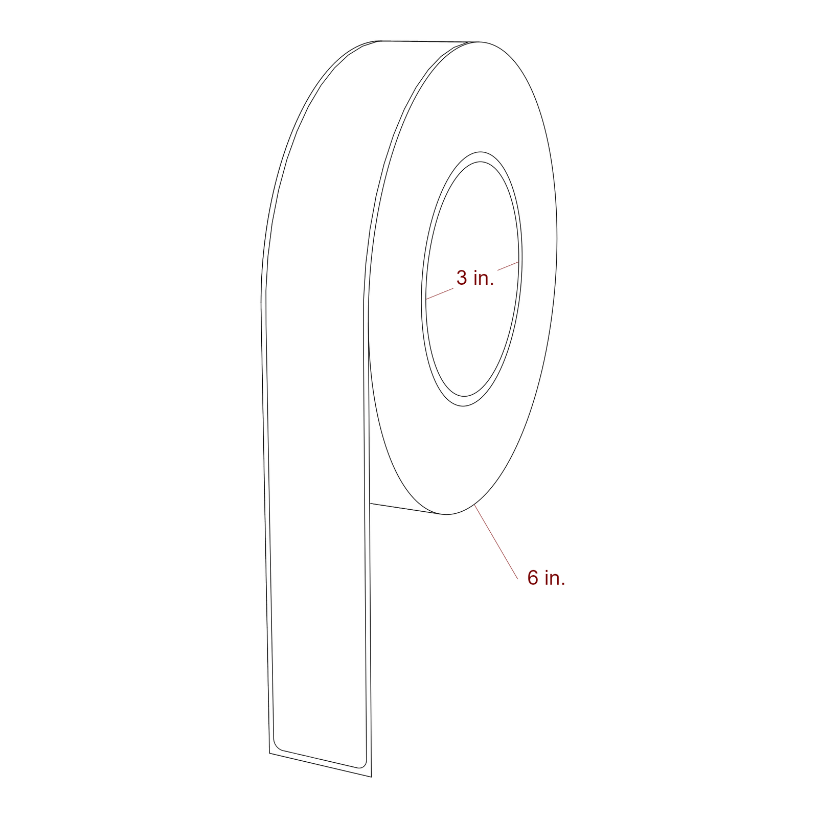 1.25 Inch x 10 Inch Rectangle Inkjet Label Roll - 3 Inch Core - 6 Inch Roll OD - 3D Perspective