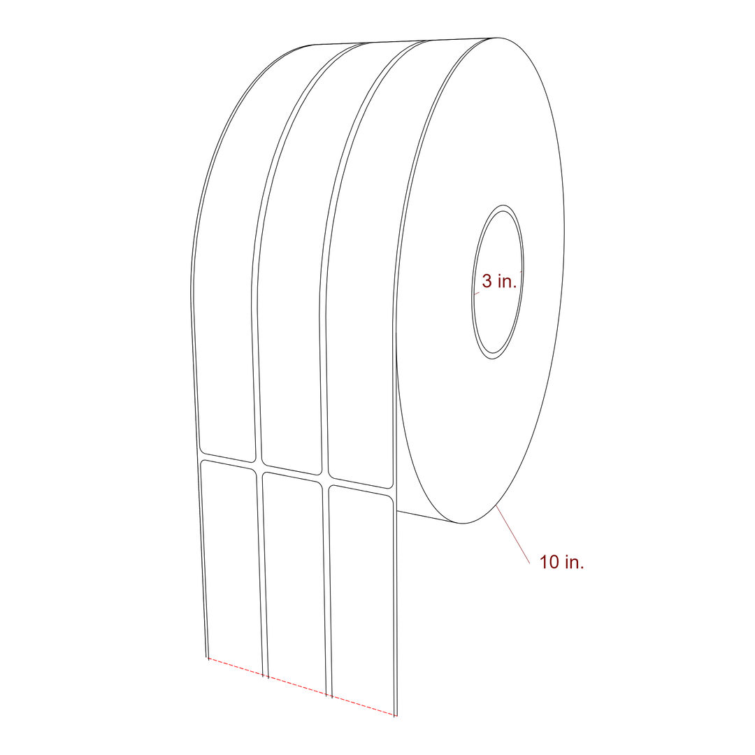 1.25 Inch x 10 Inch Rectangle Inkjet Label Roll - 3 Inch Core - 10 Inch Roll OD - 3Up - 3D Perspective