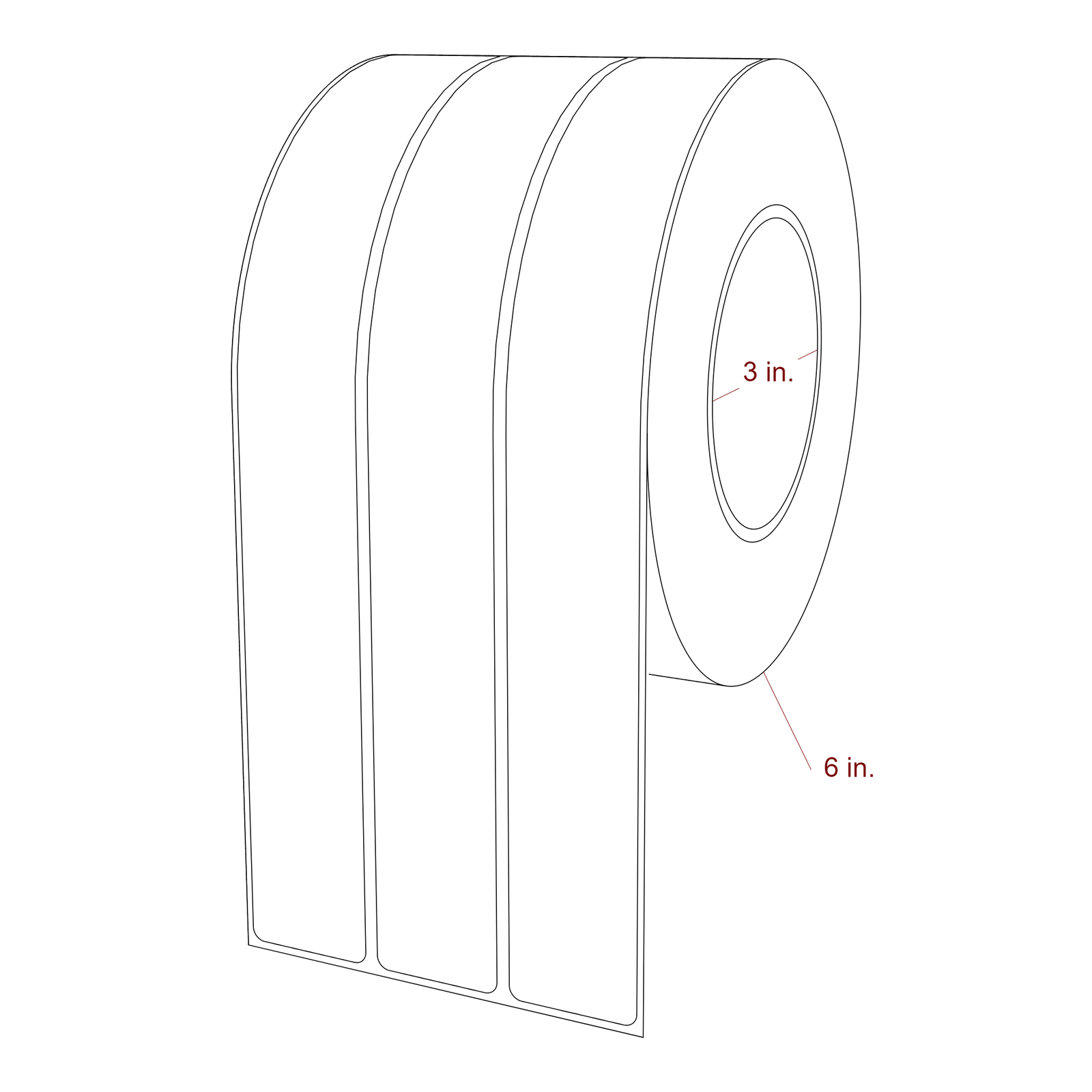 1.25 Inch x 10 Inch Rectangle Inkjet Label Roll - 3 Inch Core - 6 Inch Roll OD - 3Up - 3D Perspective