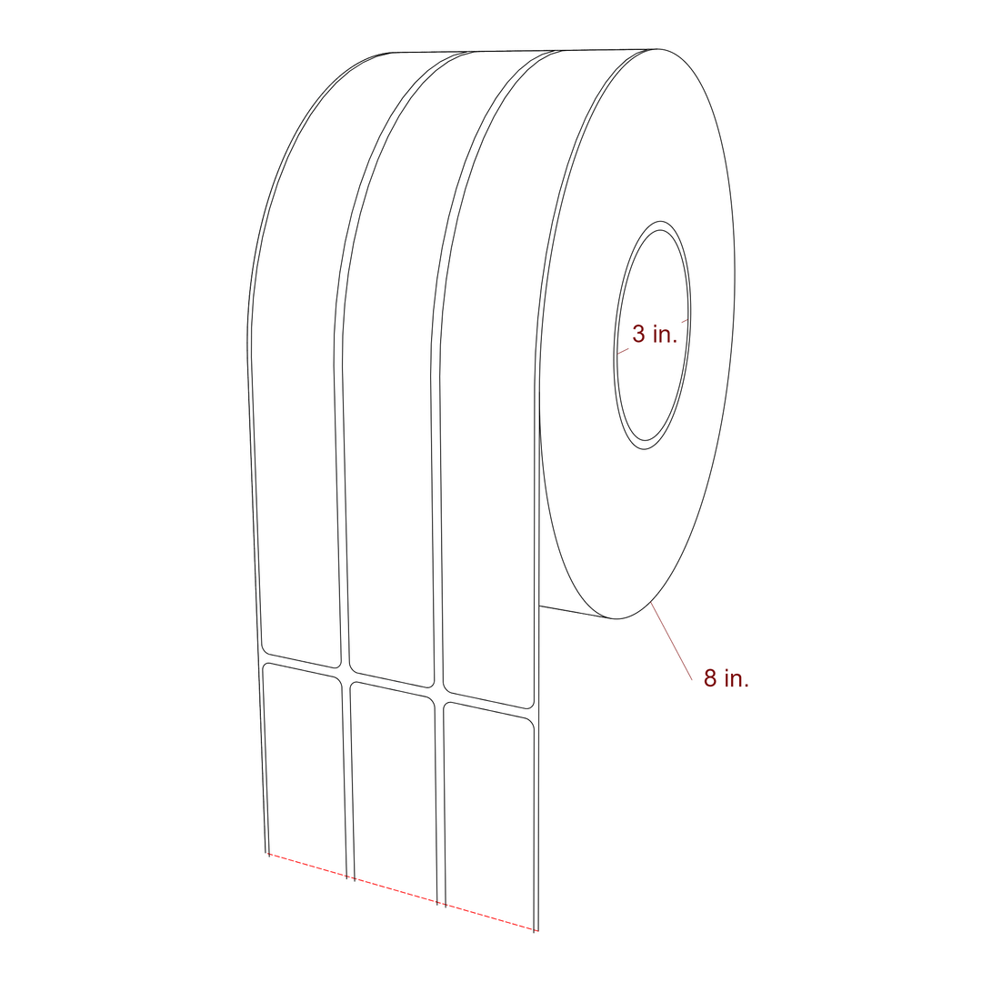 1.25 Inch x 10 Inch Rectangle Inkjet Label Roll - 3 Inch Core - 8 Inch Roll OD - 3Up - 3D Perspective