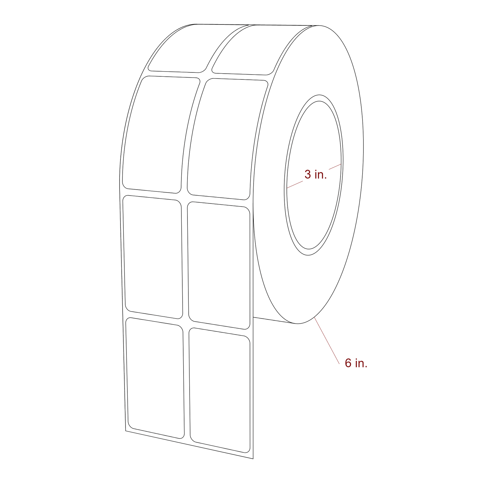 1.25 Inch x 2.25 Inch Rectangle Inkjet Label Roll - 3 Inch Core - 6 Inch Roll OD - 2Up - 3D Perspective