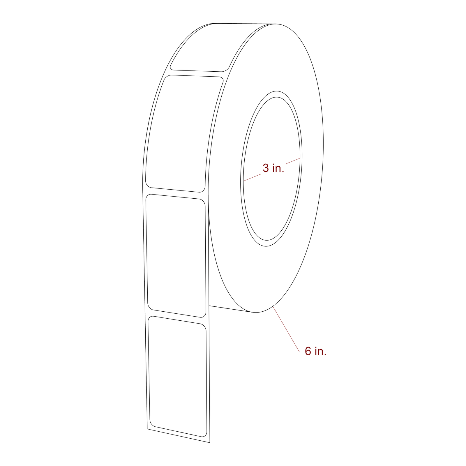 1.25 Inch x 2.25 Inch Rectangle Inkjet Label Roll - 3 Inch Core - 6 Inch Roll OD - 3D Perspective