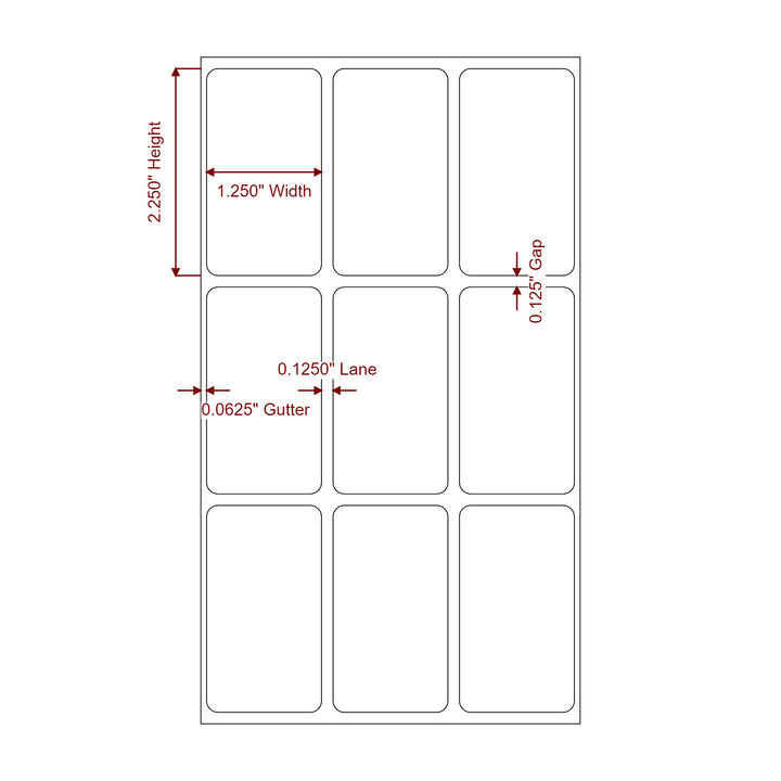 1.25 Inch x 2.25 Inch Rectangle Inkjet Label Roll - 3Up - 2D Drawing