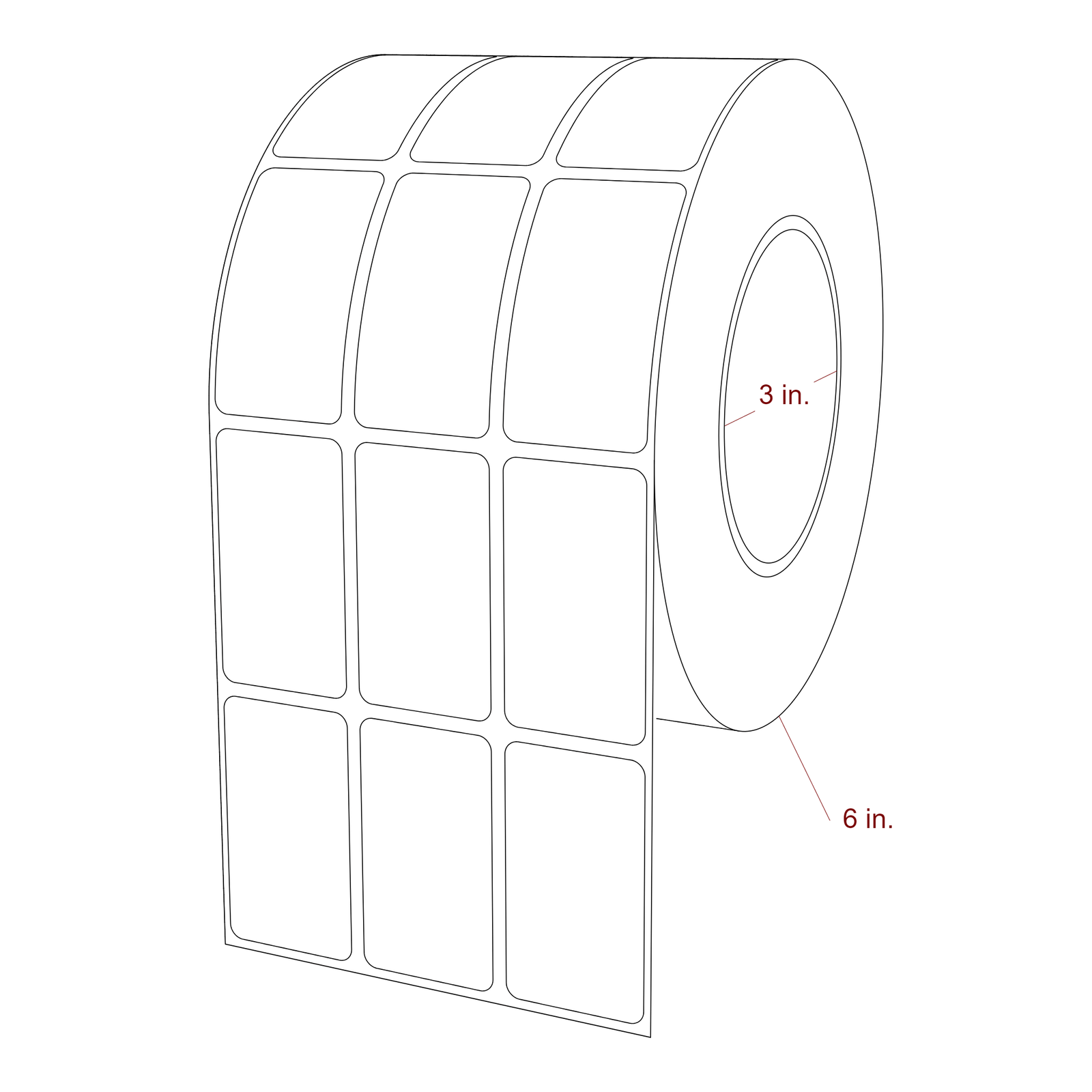 1.25 Inch x 2.25 Inch Rectangle Inkjet Label Roll - 3 Inch Core - 6 Inch Roll OD - 3Up - 3D Perspective