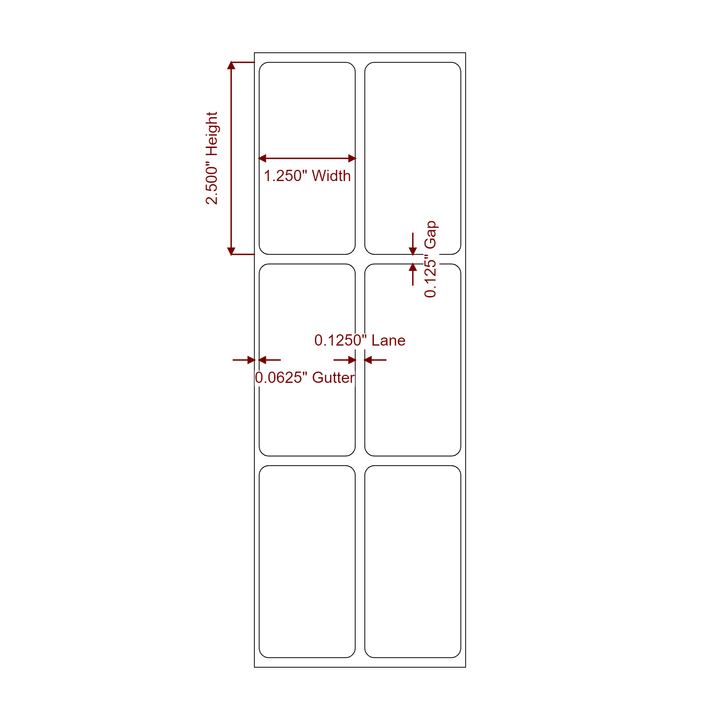 1.25 Inch x 2.5 Inch Rectangle Inkjet Label Roll - 2Up - 2D Drawing