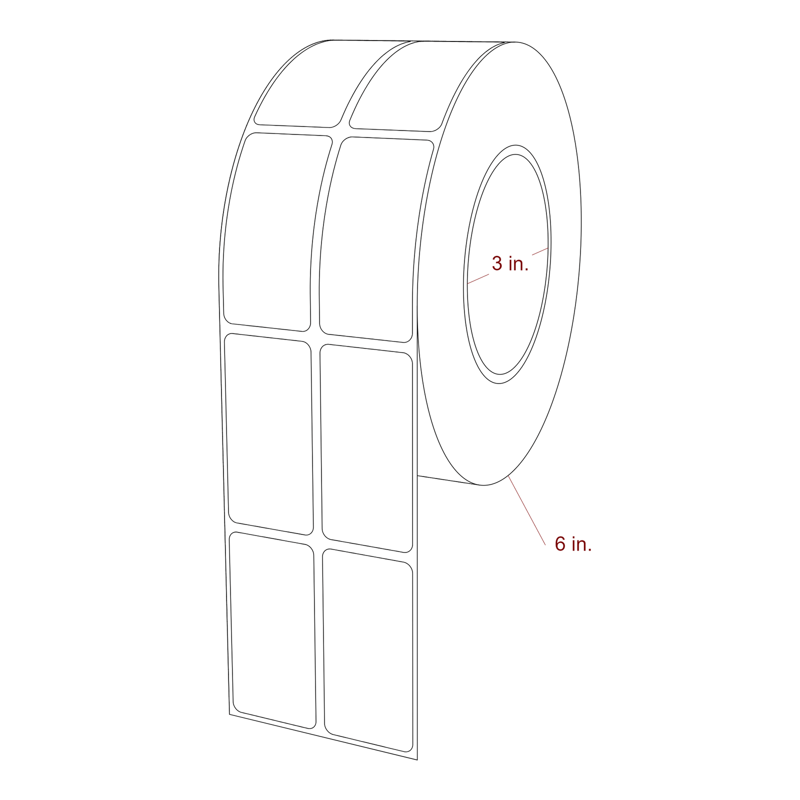 1.25 Inch x 2.5 Inch Rectangle Inkjet Label Roll - 3 Inch Core - 6 Inch Roll OD - 2Up - 3D Perspective