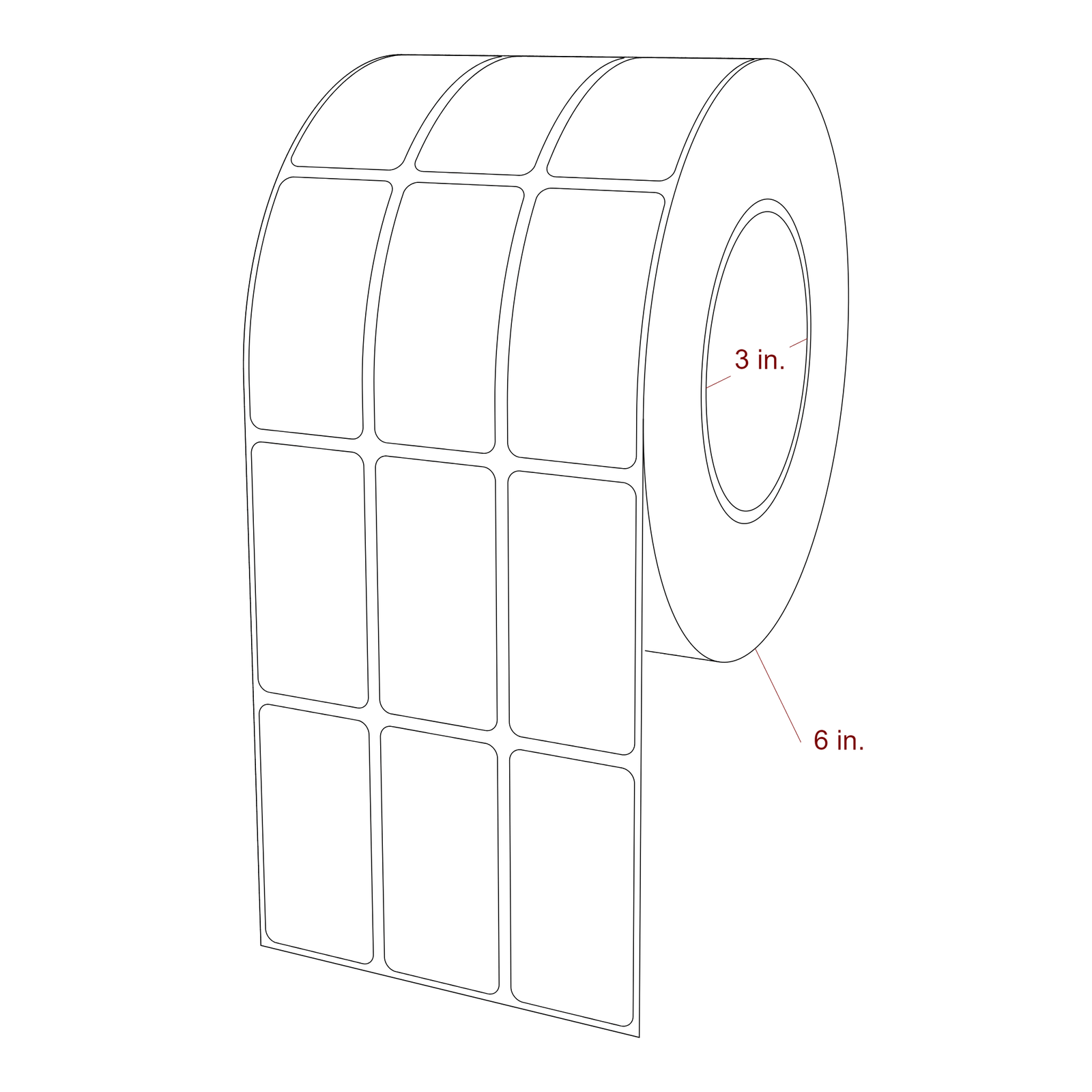 1.25 Inch x 2.5 Inch Rectangle Inkjet Label Roll - 3 Inch Core - 6 Inch Roll OD - 3Up - 3D Perspective
