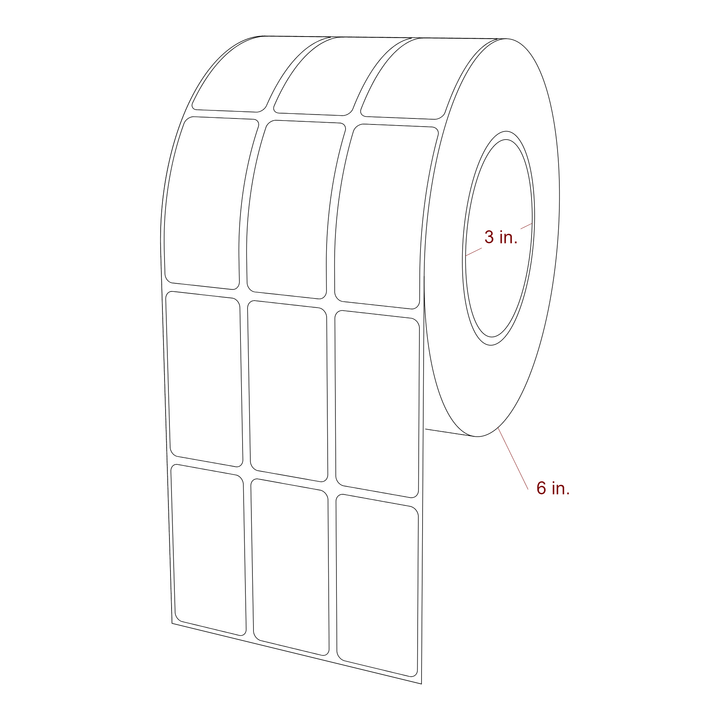1.25 Inch x 2.5 Inch Rectangle Inkjet Label Roll - 3 Inch Core - 6 Inch Roll OD - 3Up - 3D Perspective