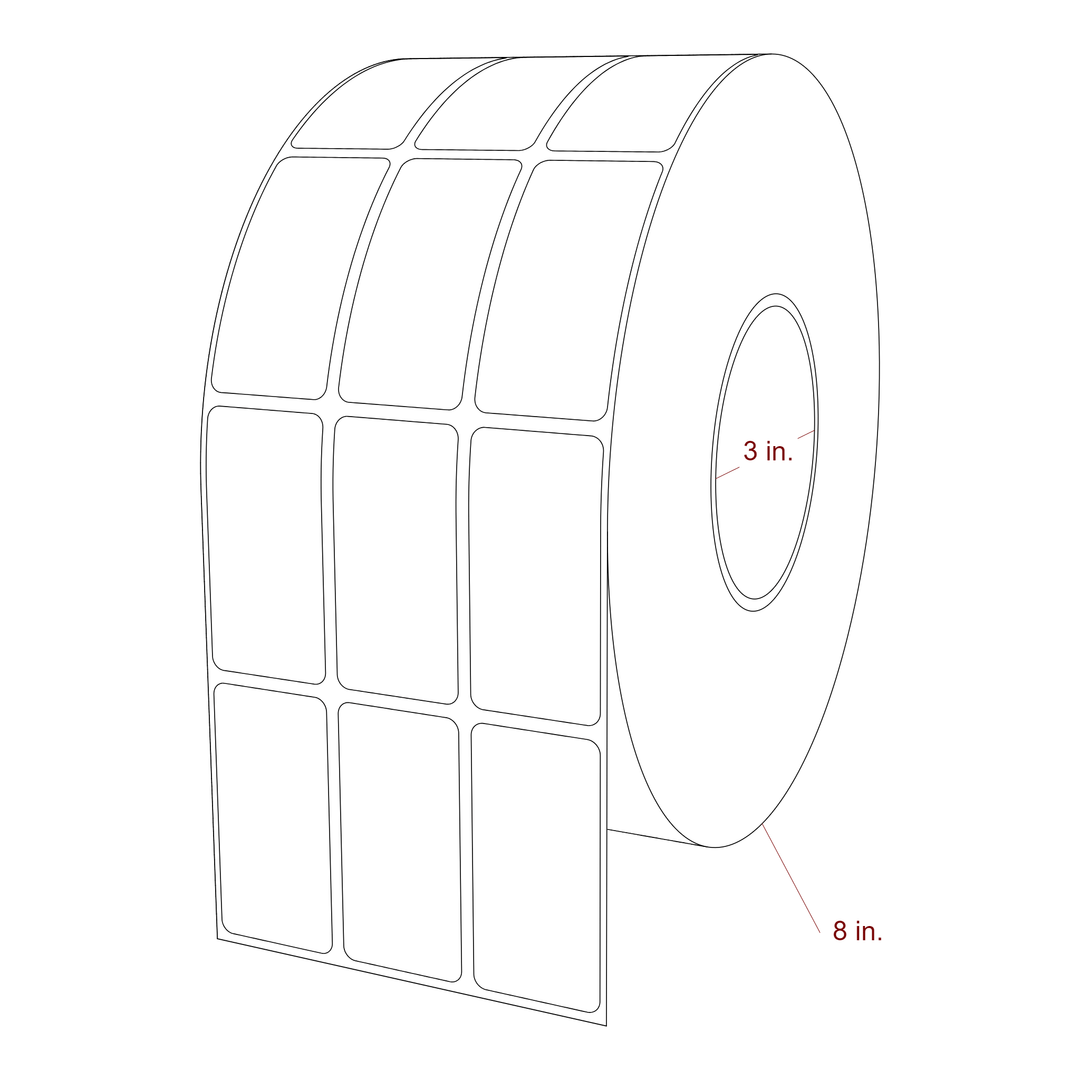1.25 Inch x 2.5 Inch Rectangle Inkjet Label Roll - 3 Inch Core - 8 Inch Roll OD - 3Up - 3D Perspective