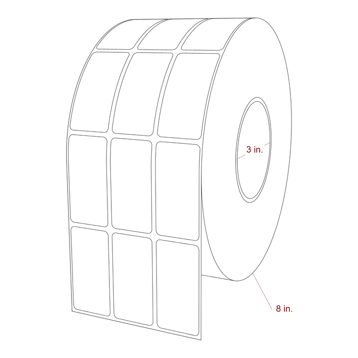 1.25 Inch x 2.5 Inch Rectangle Inkjet Label Roll - 3 Inch Core - 8 Inch Roll OD - 3Up - 3D Perspective