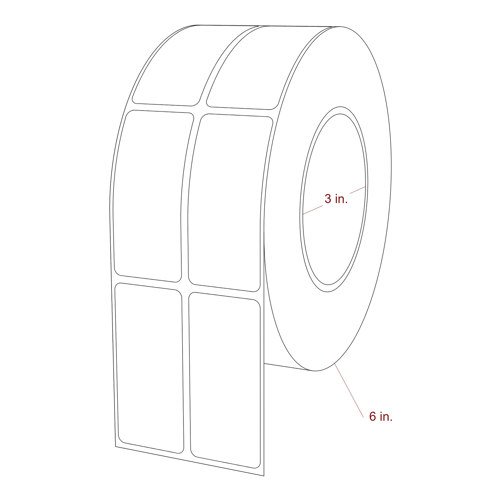 1.25 Inch x 2.75 Inch Rectangle Inkjet Label Roll - 3 Inch Core - 6 Inch Roll OD - 2Up - 3D Perspective