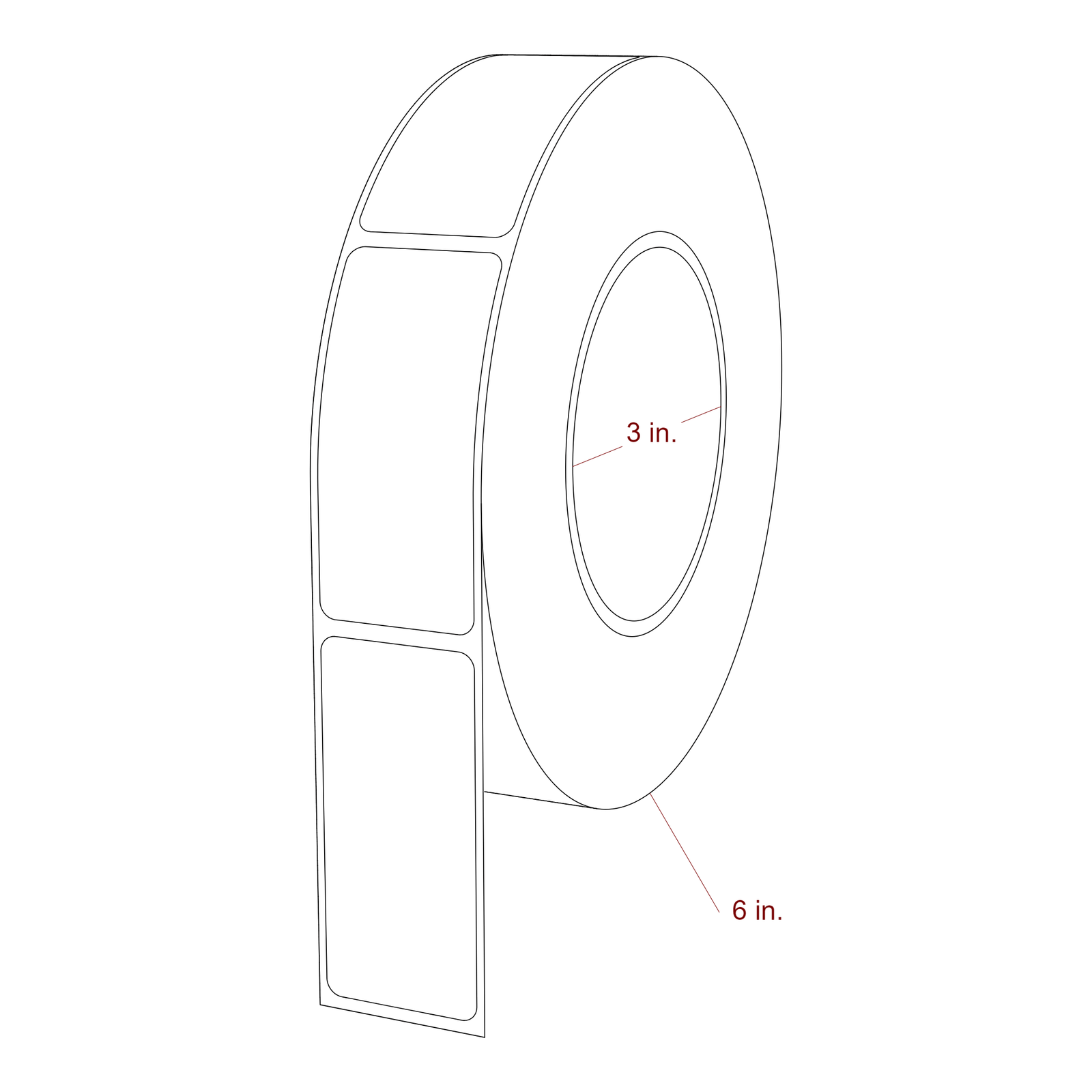 1.25 Inch x 2.75 Inch Rectangle Inkjet Label Roll - 3 Inch Core - 6 Inch Roll OD - 3D Perspective