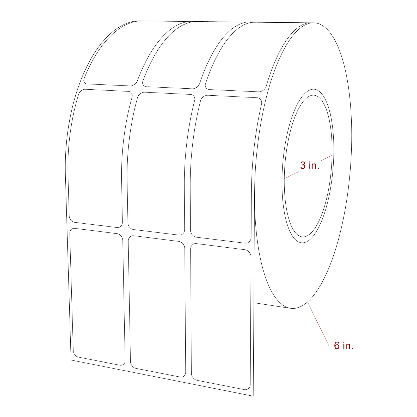 1.25 Inch x 2.75 Inch Rectangle Inkjet Label Roll - 3 Inch Core - 6 Inch Roll OD - 3Up - 3D Perspective