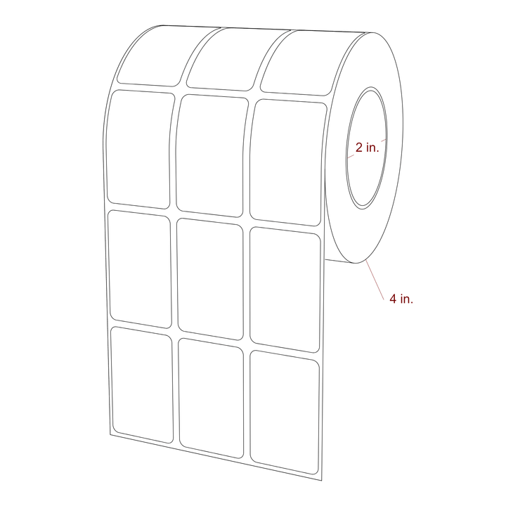 1.25 Inch x 2 Inch Rectangle Inkjet Label Roll - 2 Inch Core - 4 Inch Roll OD - 3Up - 3D Perspective