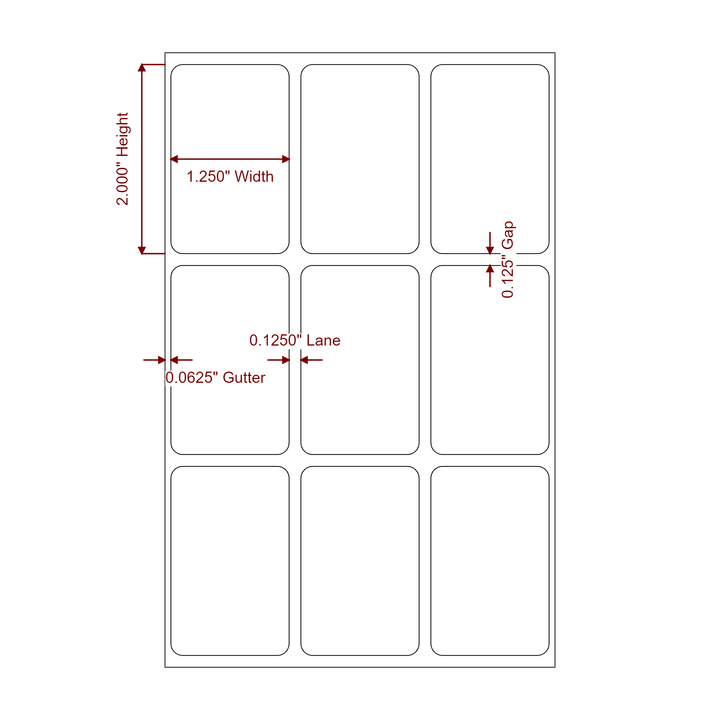 1.25 Inch x 2 Inch Rectangle Inkjet Label Roll - 3Up - 2D Drawing