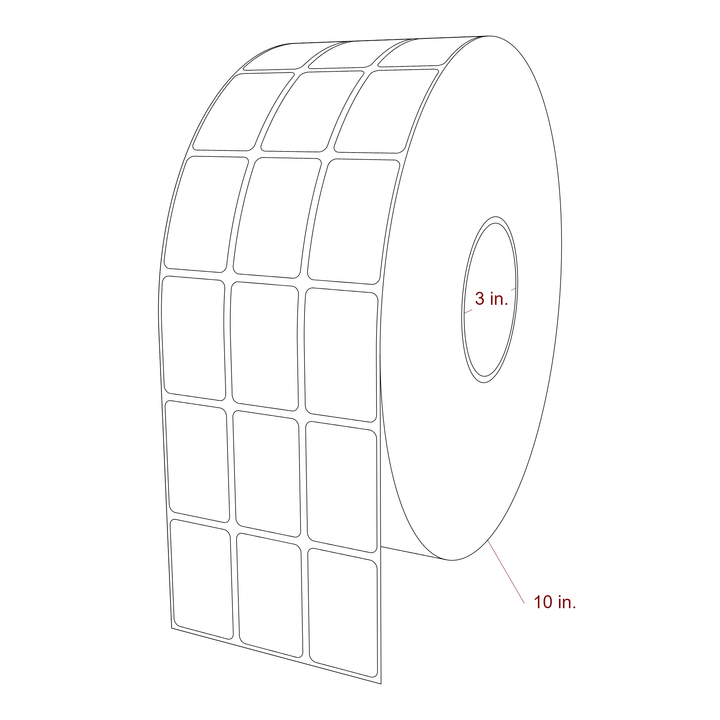 1.25 Inch x 2 Inch Rectangle Inkjet Label Roll - 3 Inch Core - 10 Inch Roll OD - 3Up - 3D Perspective
