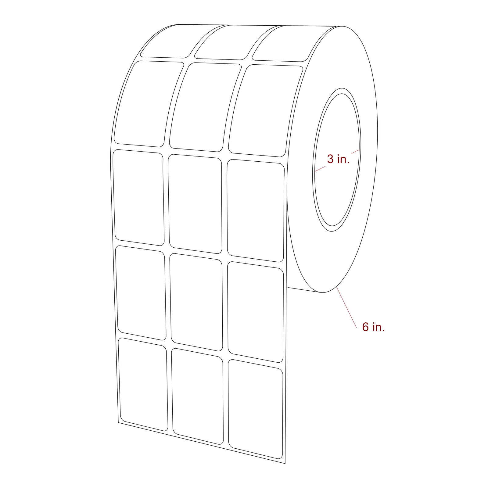 1.25 Inch x 2 Inch Rectangle Inkjet Label Roll - 3 Inch Core - 6 Inch Roll OD - 3Up - 3D Perspective
