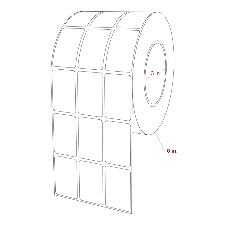 1.25 Inch x 2 Inch Rectangle Inkjet Label Roll - 3 Inch Core - 6 Inch Roll OD - 3Up - 3D Perspective