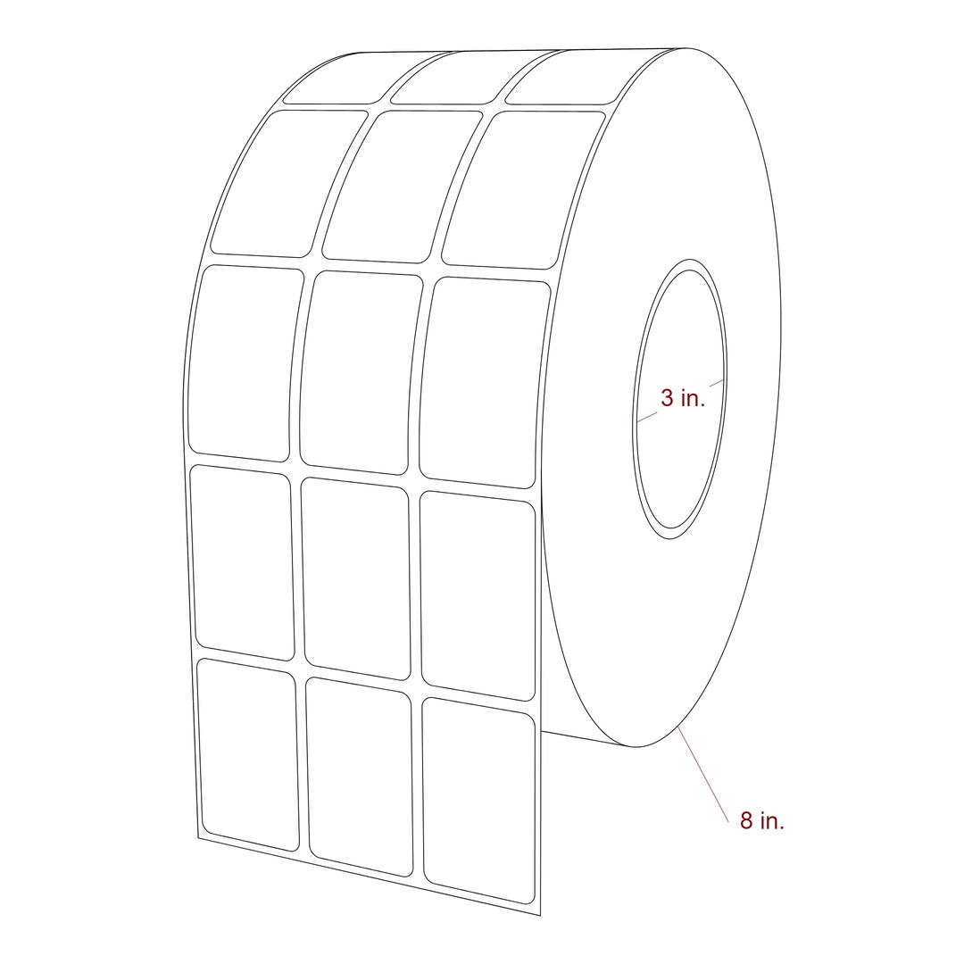 1.25 Inch x 2 Inch Rectangle Inkjet Label Roll - 3 Inch Core - 8 Inch Roll OD - 3Up - 3D Perspective
