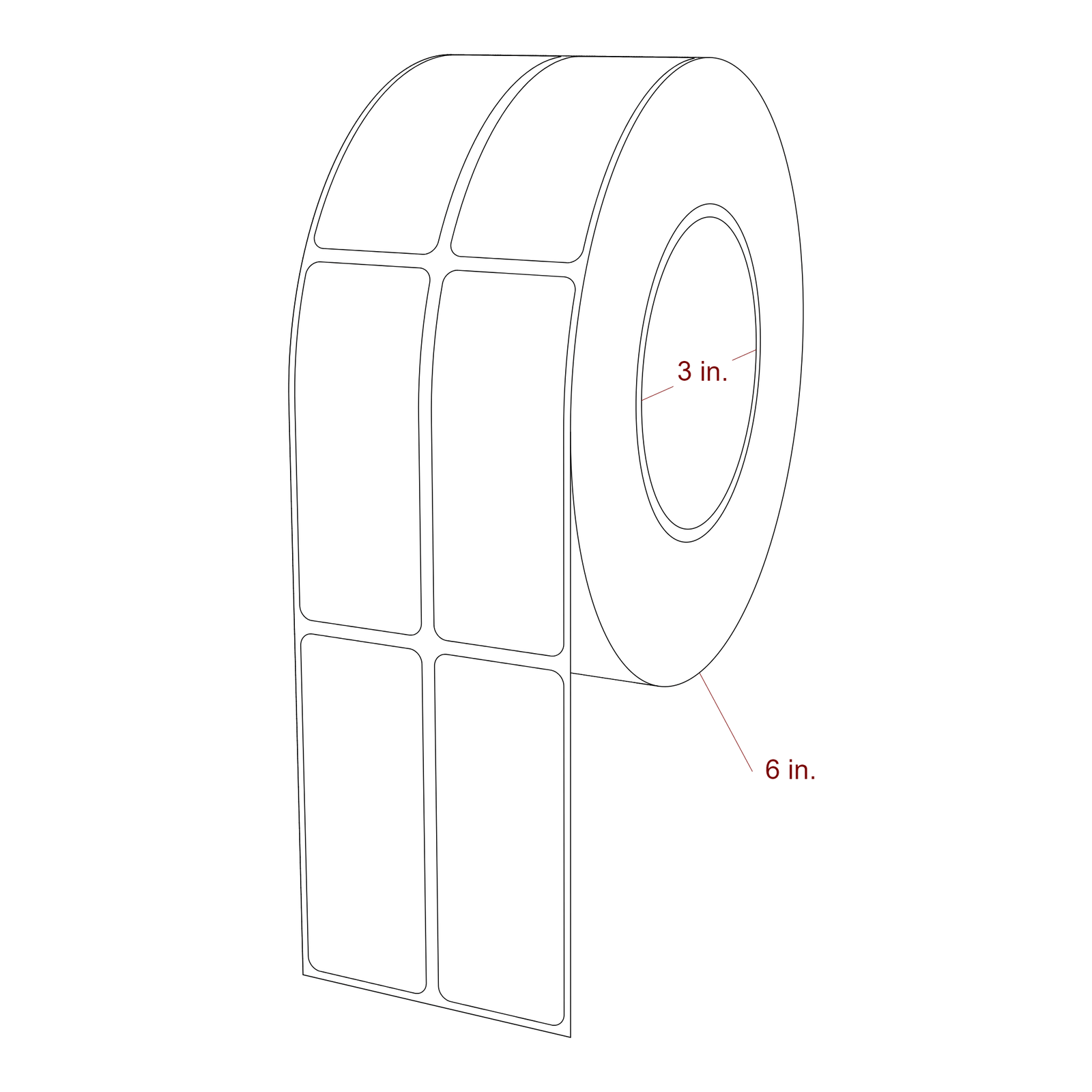 1.25 Inch x 3.25 Inch Rectangle Inkjet Label Roll - 3 Inch Core - 6 Inch Roll OD - 2Up - 3D Perspective