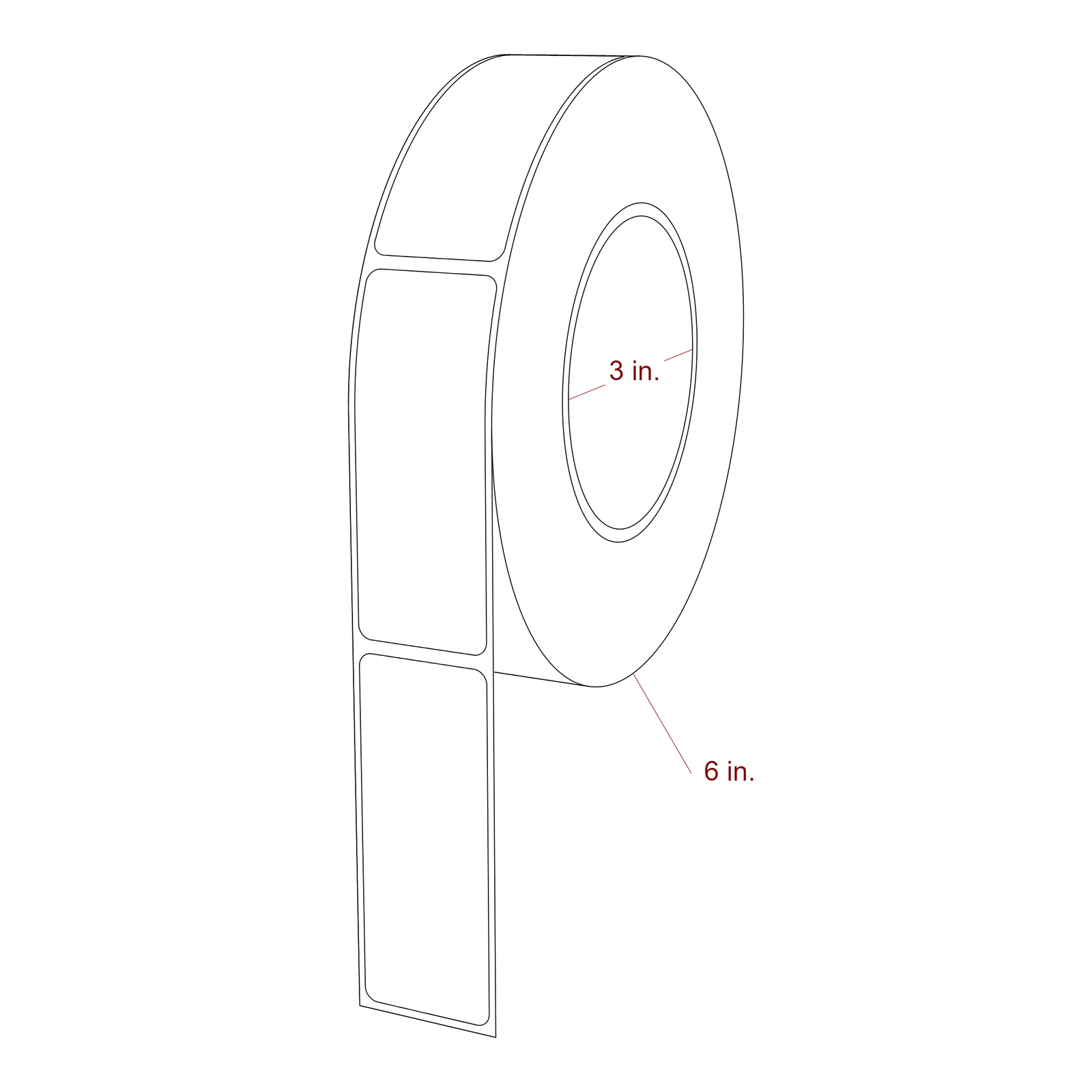 1.25 Inch x 3.25 Inch Rectangle Inkjet Label Roll - 3 Inch Core - 6 Inch Roll OD - 3D Perspective