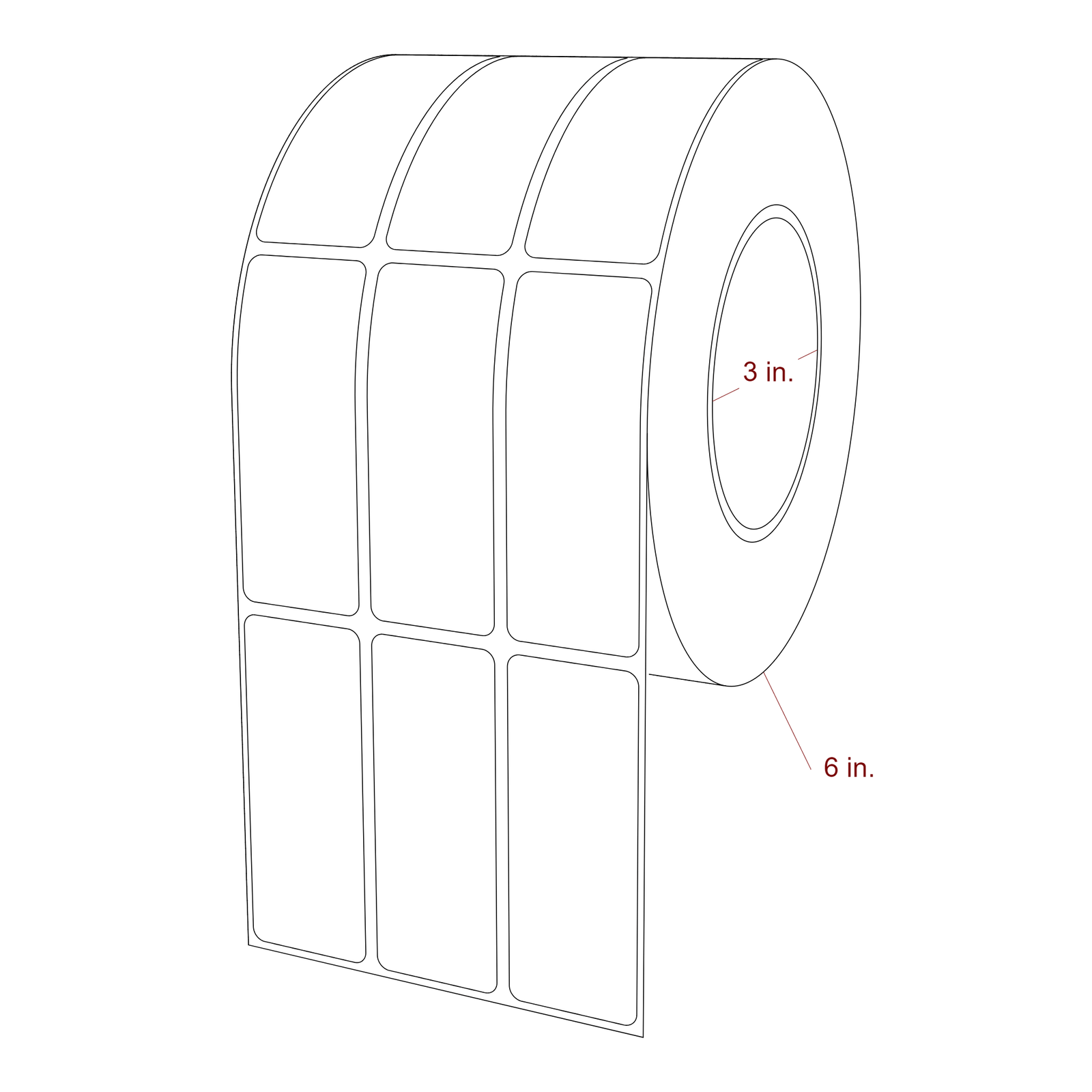 1.25 Inch x 3.25 Inch Rectangle Inkjet Label Roll - 3 Inch Core - 6 Inch Roll OD - 3Up - 3D Perspective