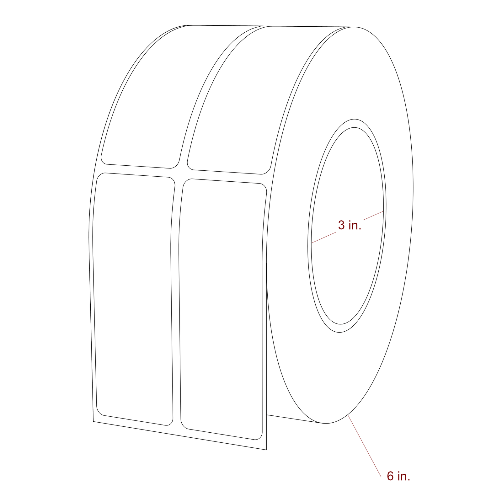 1.25 Inch x 3.5 Inch Rectangle Inkjet Label Roll - 3 Inch Core - 6 Inch Roll OD - 2Up - 3D Perspective
