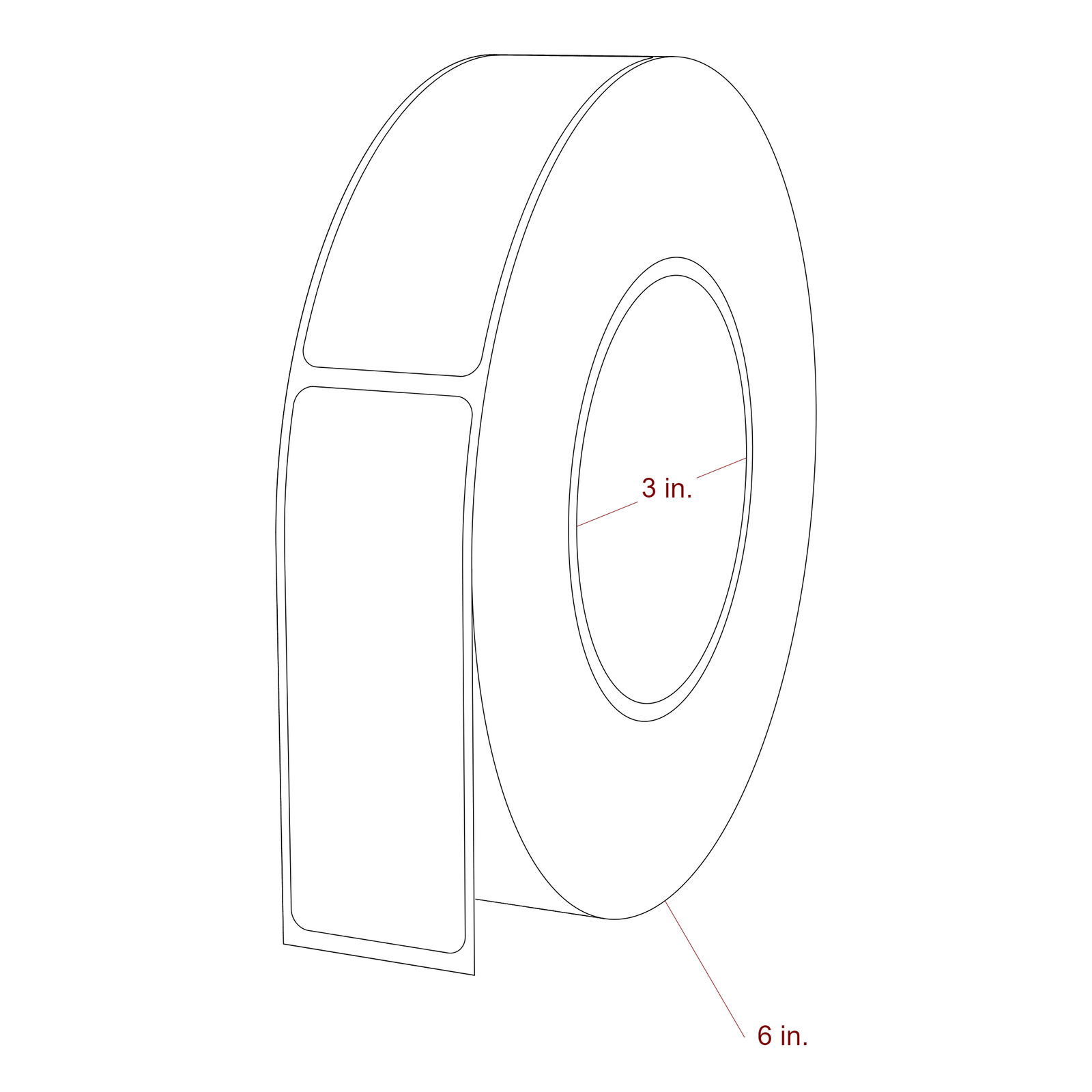 1.25 Inch x 3.5 Inch Rectangle Inkjet Label Roll - 3 Inch Core - 6 Inch Roll OD - 3D Perspective