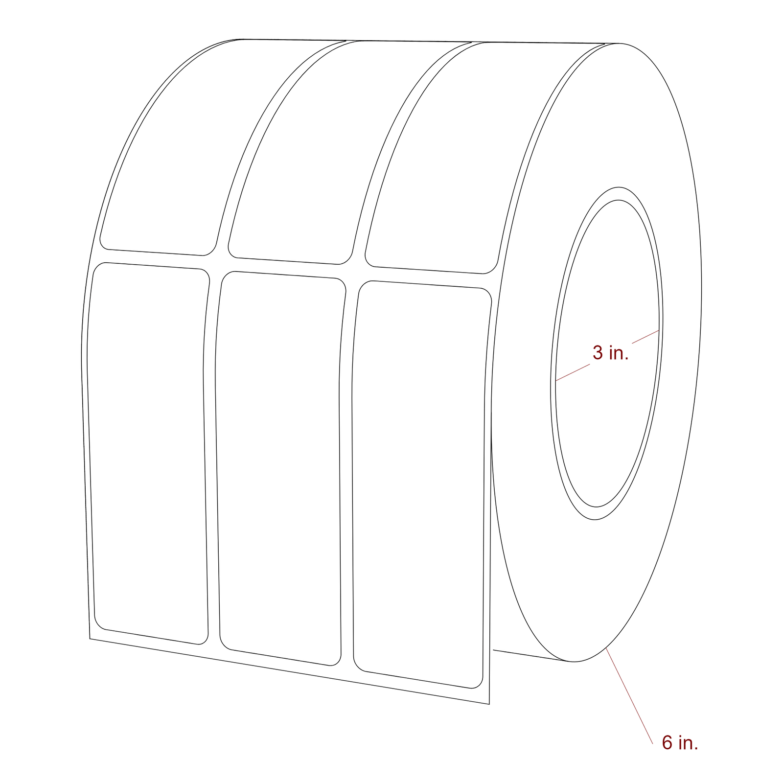 1.25 Inch x 3.5 Inch Rectangle Inkjet Label Roll - 3 Inch Core - 6 Inch Roll OD - 3Up - 3D Perspective