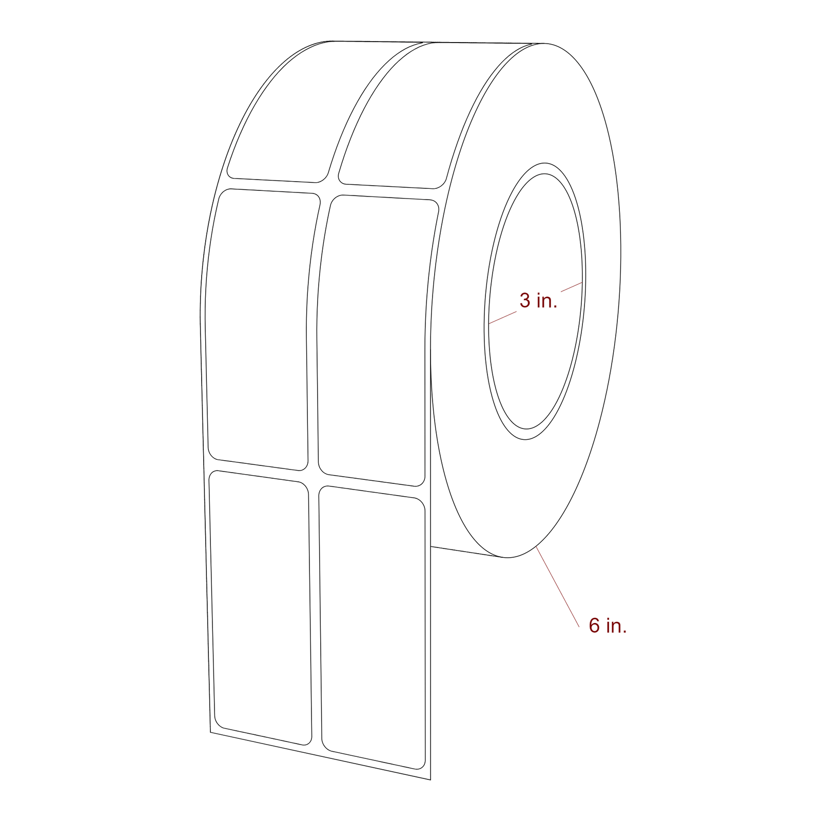 1.25 Inch x 3 Inch Rectangle Inkjet Label Roll - 3 Inch Core - 6 Inch Roll OD - 2Up - 3D Perspective