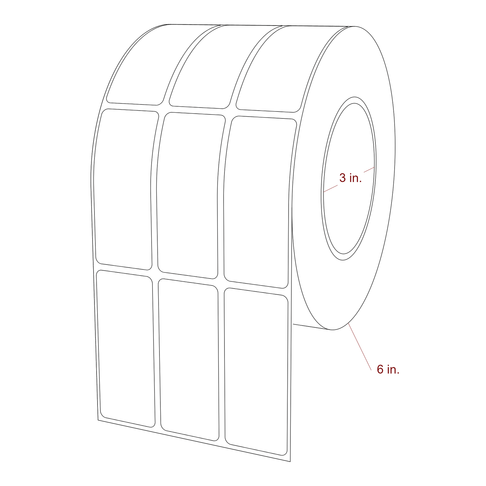 1.25 Inch x 3 Inch Rectangle Inkjet Label Roll - 3 Inch Core - 6 Inch Roll OD - 3Up - 3D Perspective