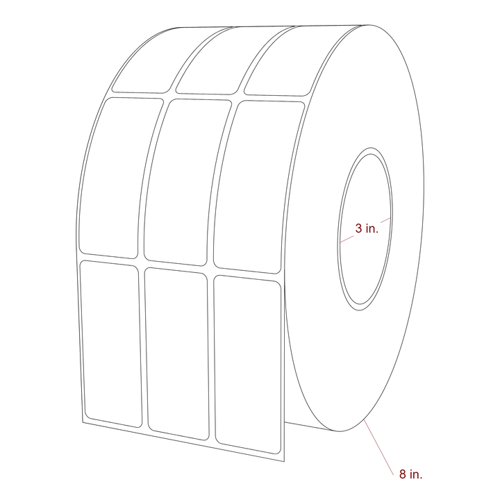 1.25 Inch x 3 Inch Rectangle Inkjet Label Roll - 3 Inch Core - 8 Inch Roll OD - 3Up - 3D Perspective